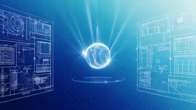 Blueprint schematics with a glowing sphere radiating light in blue gradient