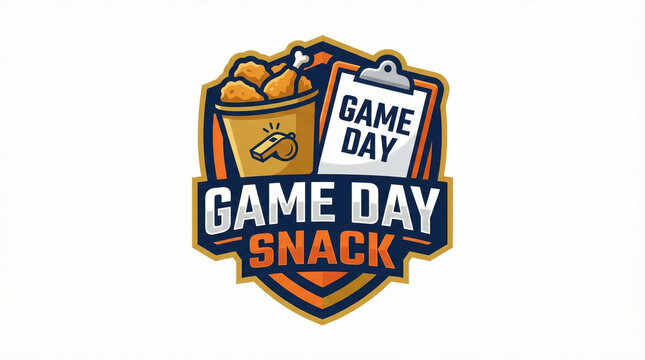 Game day snack logo with crispy fried chicken bucket and whistle on shield background for sports event excitement