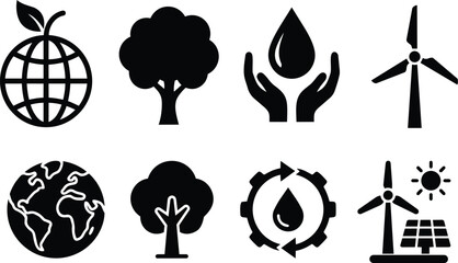Global sustainability and renewable energy vector icon set with earth globe, eco tree, protecting hands, water drop, wind turbines and solar panel symbols for green technology design © Pixora