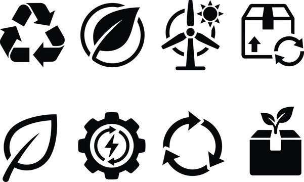 Renewable energy and recycling vector icon set featuring wind turbine, solar symbol, circular arrows, eco leaf and sustainable packaging icons for green technology design projects