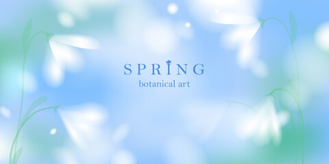 Spring landscape blurred background. White elegant soft flowers. Blue sky, green grass. Natural fresh mood. © olechkaart