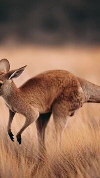 A close-up shot of a kangaroo mid-leap in a dry, grassy field
