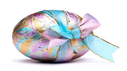 Elegant pink Easter egg with glossy blue ribbon isolated on white background