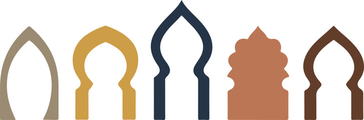 Islamic Icons and Mosque Silhouettes Collection &ndash; Ramadan, Kaaba, Quran, Prayer, and Crescent Moon Vector Set