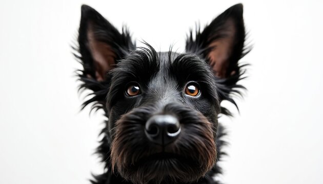 Black Scottish Terrier dog head close-up. Curious animal with expressive brown eyes and alert ears looks directly forward against a clean white background. This purebred pet is a smart companion.
