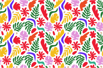 A high-quality vector pattern of abstract flora. Smooth, clean edges, bold flat colors, and a balanced composition. The style is Scandinavian-inspired, featuring blobby organic shapes and stylized fer
