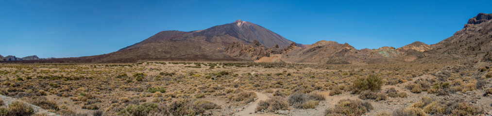 Tenerife, Canary Islands, Spain: panoramic view of Mount Teide (Pico del Teide), a 3,715 m volcano, the highest point in the Canary Islands, inside the Teide National Park (Parque nacional del Teide)