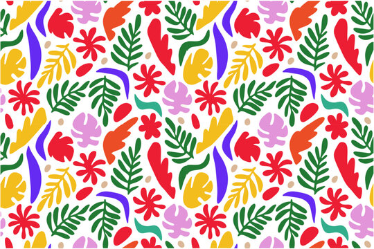 A high-quality vector pattern of abstract flora. Smooth, clean edges, bold flat colors, and a balanced composition. The style is Scandinavian-inspired, featuring blobby organic shapes and stylized fer
