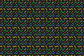 A seamless 90s Memphis design pattern. Vibrant neon geometric shapes including zig-zags, L-shapes, and dots scattered across a solid charcoal black background. Flat 2D vector style.