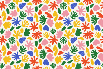 A seamless textile print featuring oversized abstract plant motifs. Randomly scattered organic forms in a diverse color palette. High contrast, energetic feel, clean matte finish.