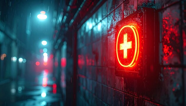 Neon red cross sign mounted on a dark brick wall in a dimly lit alleyway with a blurred background and cinematic lighting.