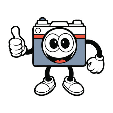 Friendly cartoon camera mascot with big shiny lens eyes and a cheerful smile, holding a tiny tripod. Perfect for photography brands, kids designs, and fun creative media themes tool
