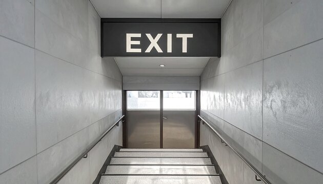 Stairway leading to an exit door with a sign in a gray, tiled interior space with natural light.