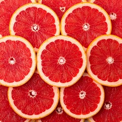 Sliced grapefruit in a dense arrangement, showing juicy pulp and vibrant pink hues in high-angle close-up view