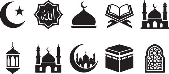 Islamic Icons and Mosque Silhouettes Collection &ndash; Ramadan, Kaaba, Quran, Prayer, and Crescent Moon Vector Set