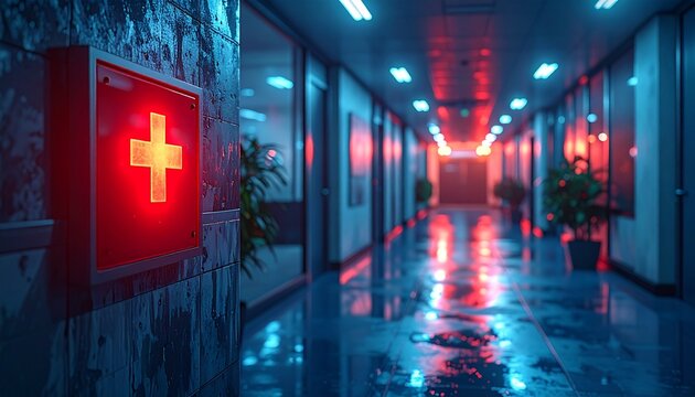 Long shot of a dimly lit hospital corridor with a red cross sign on the wall and a shiny floor reflecting blue and red lights.