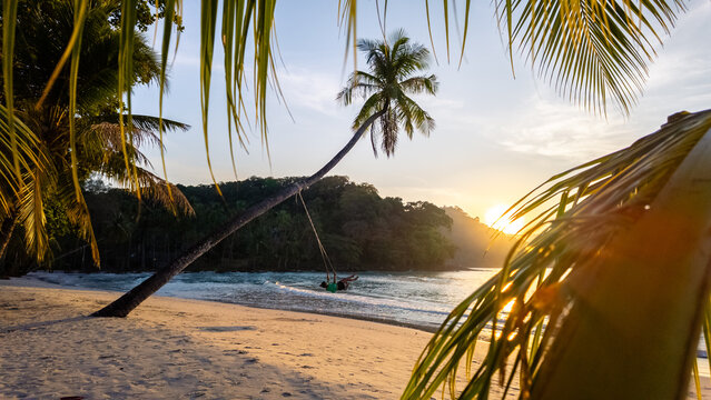 Sunset at Khlong Hin Beach in Koh Kood, Thailand with swaying palm trees and tranquil waves