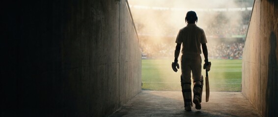 Obraz premium Cricket player walking from tunnel to stadium field silhouette. Concept of big match storytelling visuals, championship promotion, sports marketing campaigns and athlete branding content. Banner