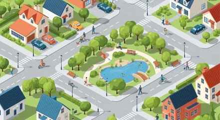 Suburban Neighborhood with Park and Pond. © aldo