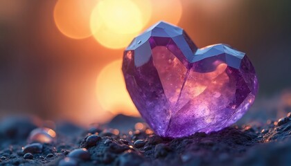 Fototapeta premium Heart shaped amethyst crystal glows with warm sunset light. Close-up view shows facets catching orange bokeh creating magical atmosphere. Stone rests on textured surface with water droplets,
