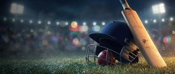Obraz premium Cricket helmet bat and ball on grass under stadium lights at night. Concept of tournament promotion, sports equipment advertising, league branding and championship event marketing. Banner