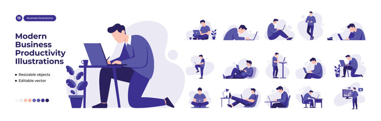 Minimalist Flat Style Business Productivity Illustration Set of People Working