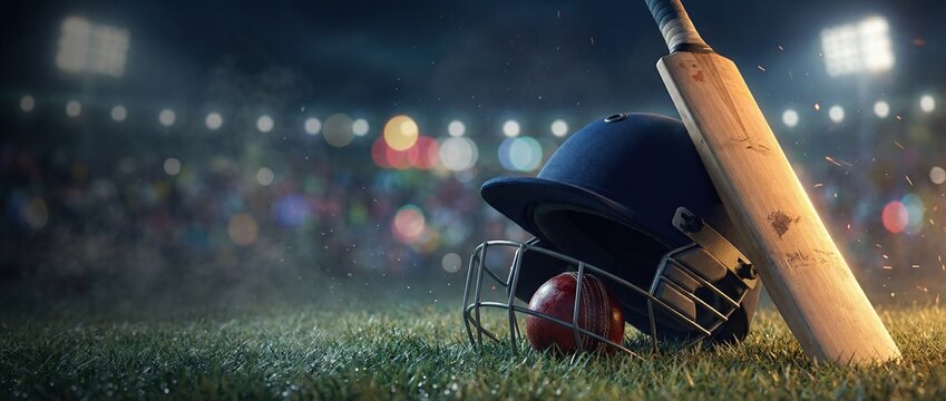 Cricket helmet bat and ball on grass under stadium lights at night. Concept of tournament promotion, sports equipment advertising, league branding and championship event marketing. Banner