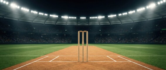 Fototapeta premium Cricket stumps centered on pitch in illuminated stadium. Concept of championship promotion visuals, sports event advertising, league branding backgrounds and broadcast graphics. Banner