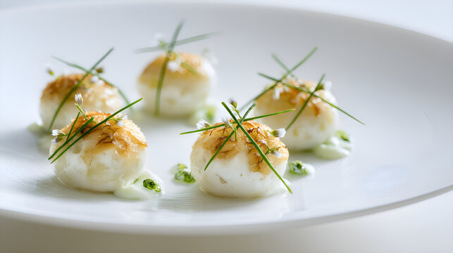 Gourmet amuse bouche seafood appetizer with chives and green sauce