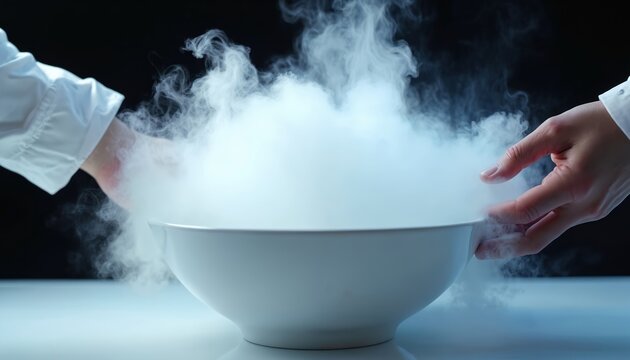 Scientists hands interact with dense vapor cloud from white bowl containing liquid nitrogen. Cold gas swirls creating chilling atmospheric effect. Science experiment demonstration.
