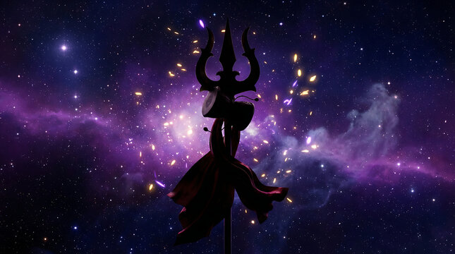 Silhouette of divine trishul and damru against dark purple galaxy background with stars symbolizing cosmic energy of mahadev for spiritual maha shivratri celebration and hindu worship