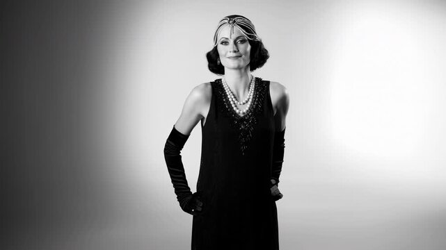 Elegant Vintage Portrait. Monochrome Studio Image Portraying Confident Woman Dressed In Jazz Age Fashion