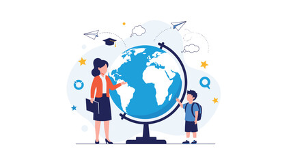 Helpful teacher pointing at a large globe while explaining a lesson to a young student, with educational icons floating in the background design.