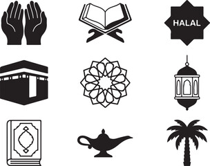 Islamic Icon Collection &ndash; Mosque, Crescent Moon, Lantern, Ramadan Kareem and Muslim Prayer Vector Set