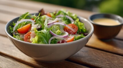 A vibrant fresh green salad with cherry tomatoes and red onion drizzled with dressing served outdoors on a wooden table