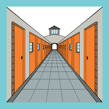 A dim, narrow prison corridor stretches endlessly, lined with cold, gray cell doors, flickering lights casting shadows, echoing footsteps, and a sense of confinement.
