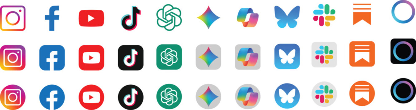 Social media logo icons set. facebook, instagram, slack, AI app logo ChatGPT, Gemini, Meta AI, Copilot, whatsapp, linkedin, x. New updated social media icons set
RGB