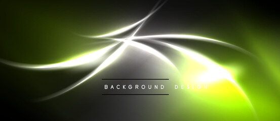 Naklejka premium Abstract background features vibrant green, yellow streaks. Dynamic lines create futuristic energy, sleek design. Dark shadows enhance luminosity.