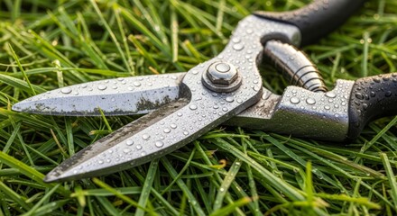 Fototapeta premium Close-up of professional garden shears with grass stains and water drops on lawn. AI generated.