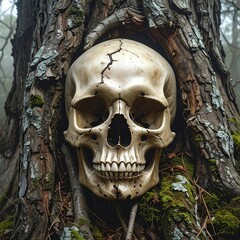 Skull rests within tree hollow, bark texture and moss accentuating a dark forest. Fog softens background
