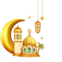 Naklejka premium Golden Crescent Moon, Mosque Tower, and Ramadan Lanterns in 3D Render with Palm Tree - Festive Islamic Holiday Illustration