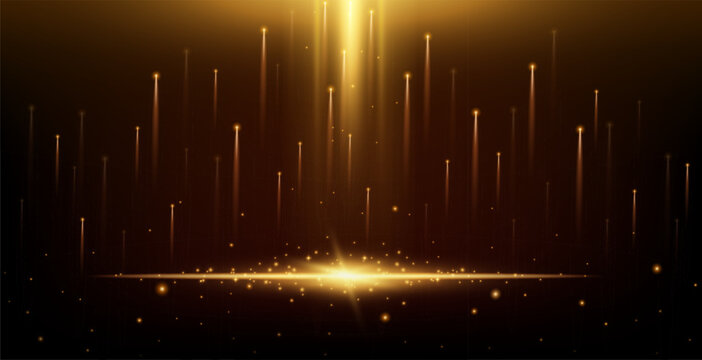 Stage background. Vector horizontal illustration of scene with golden light rays, spotlights, stars, sparkling glitter. Vertical rays for a concert, anniversary, or event presentation. Award ceremony 