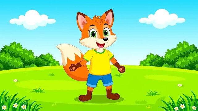 Animated, cartoon fox in a field, wearing clothes. Vector art. Happy character standing in a park or meadow on a sunny day. Smiling animal.