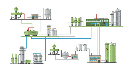 Obraz premium Illustration of a complex industrial chemical processing plant with interconnected tanks, pipes, and buildings.