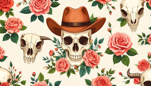 Skulls in a cowboy hat amidst roses and leaves, creating a morbid floral pattern on light tan background