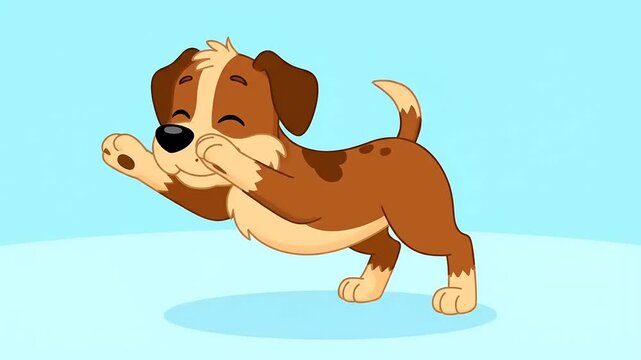 Cartoon dog waving friendly, vector drawing with simple shapes in a joyful and playful style, inviting and welcoming, on light blue backdrop