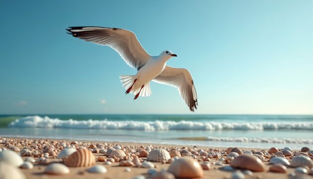Seagull flies over ocean beach. Sand covered with shells. Water laps shore under clear blue sky. Bird wings spread wide in peaceful flight over sea.