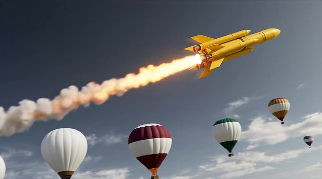 Vibrant Yellow Rocket Launching with Powerful Fiery Exhaust, Soaring Above Serene Hot Air Balloons in a Dynamic Sky