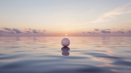 Obraz premium A white sphere sits in the middle of a calm body of water, with a sunset in the background.