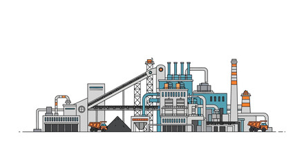 Obraz premium Illustration of a large industrial complex with conveyor belts, trucks, and smokestacks, representing heavy industry and manufacturing.